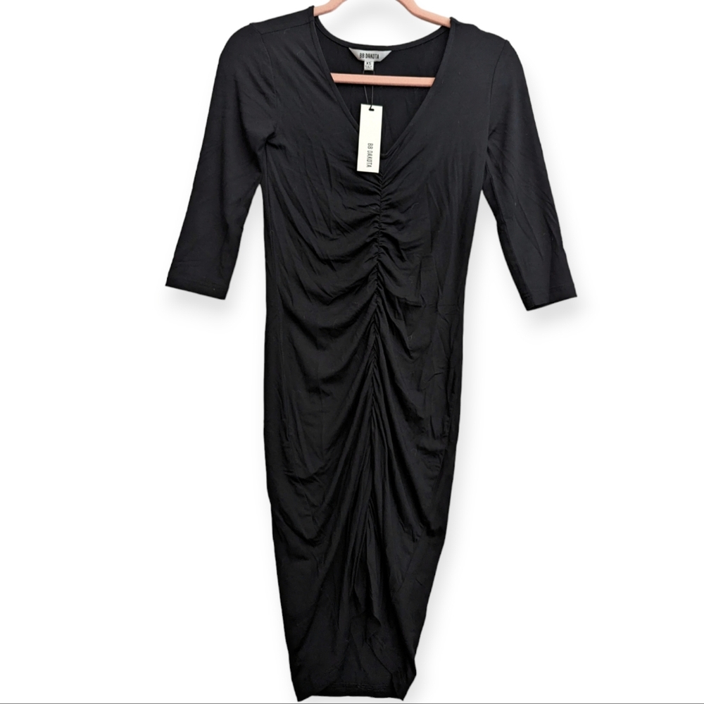 BB Dakota Ruched Black Fitted 3/4 Sleeve Dress X-Small NWT